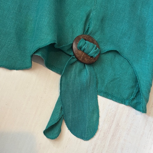 Italian Teal Green Linen-Blend Short Sleeve Top with Side Ring Tie - Picture 7 of 9